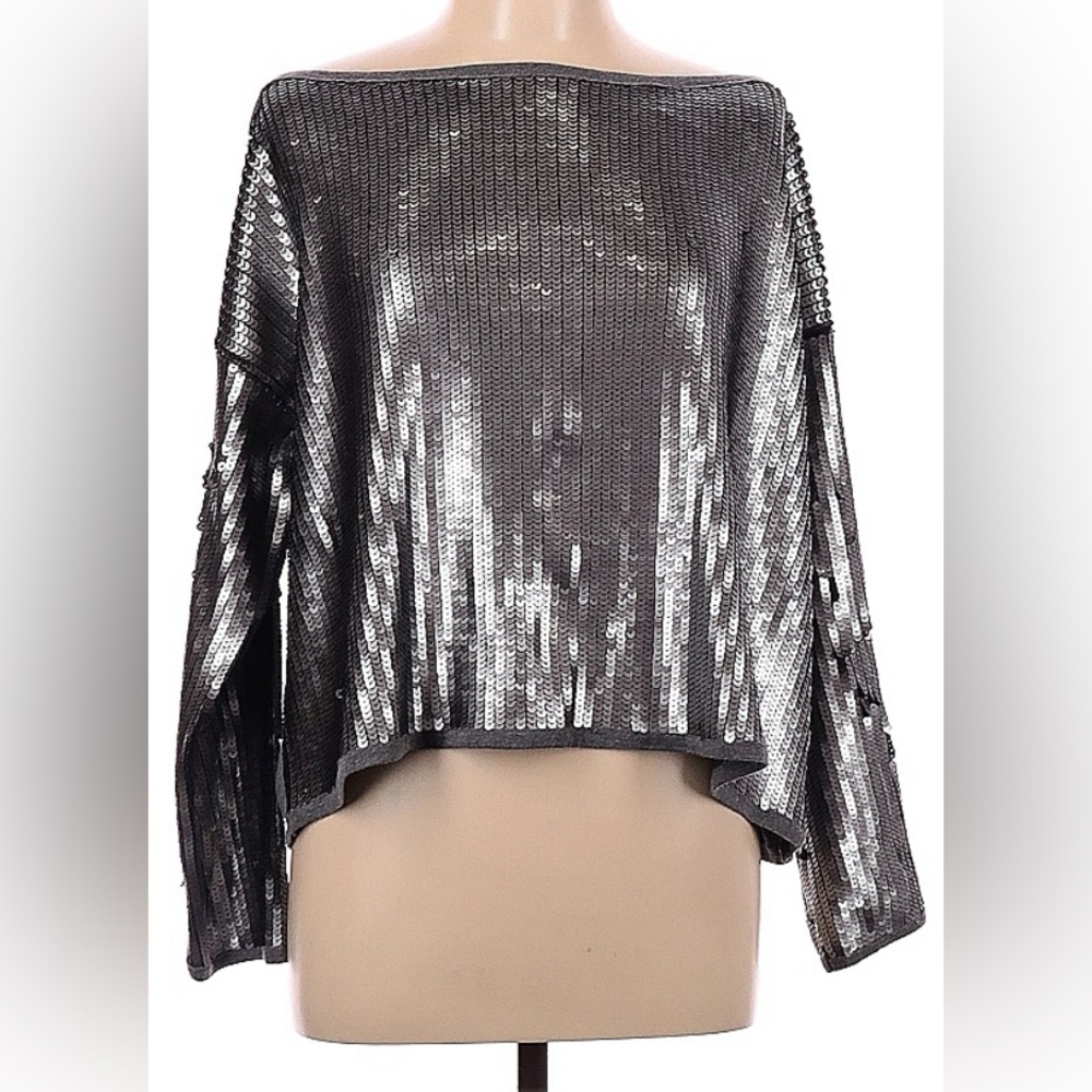 Prins Silver Sequined Long Sleeve Top, Size Large